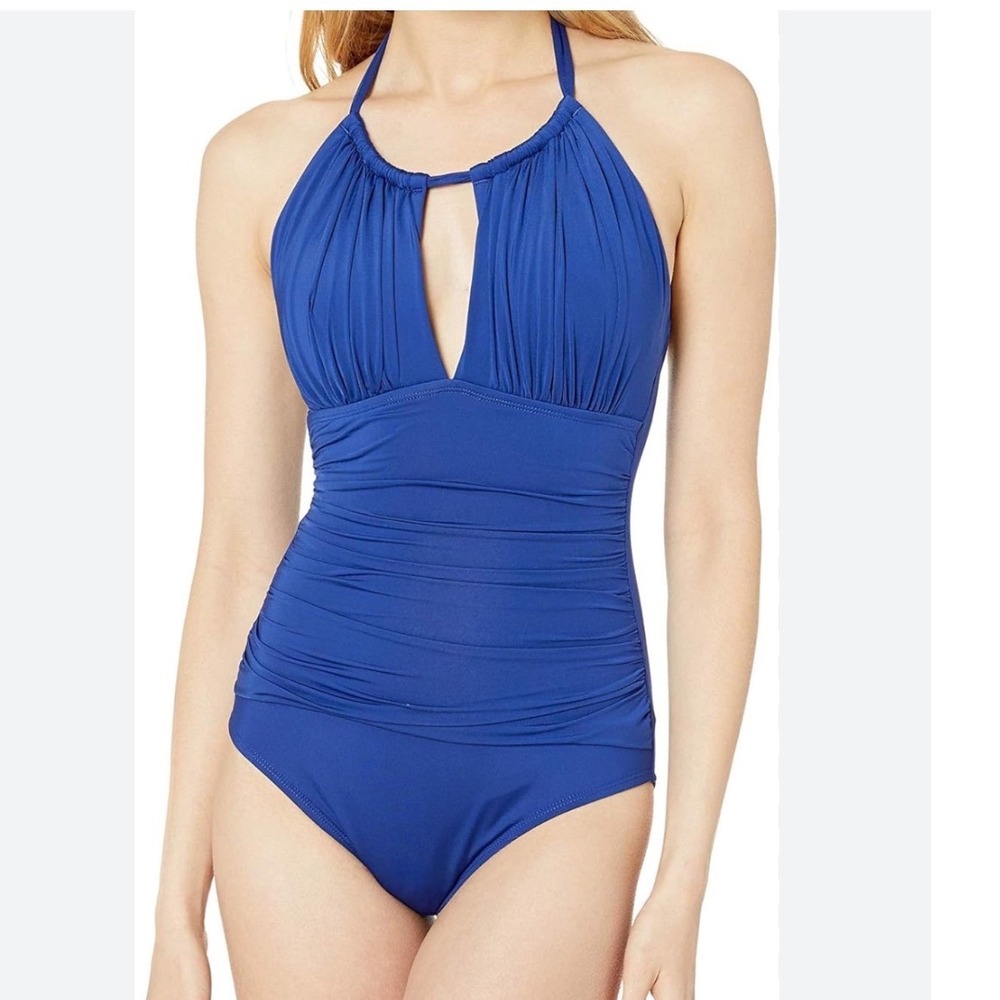 Kenneth Cole New York Women Blue Halter Keyhole Ruched One Piece Swimsuit Size S